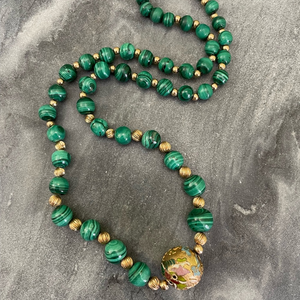 Vintage Malachite Gemstone Cloisonné Dragon Necklace - Picture 3 of 14